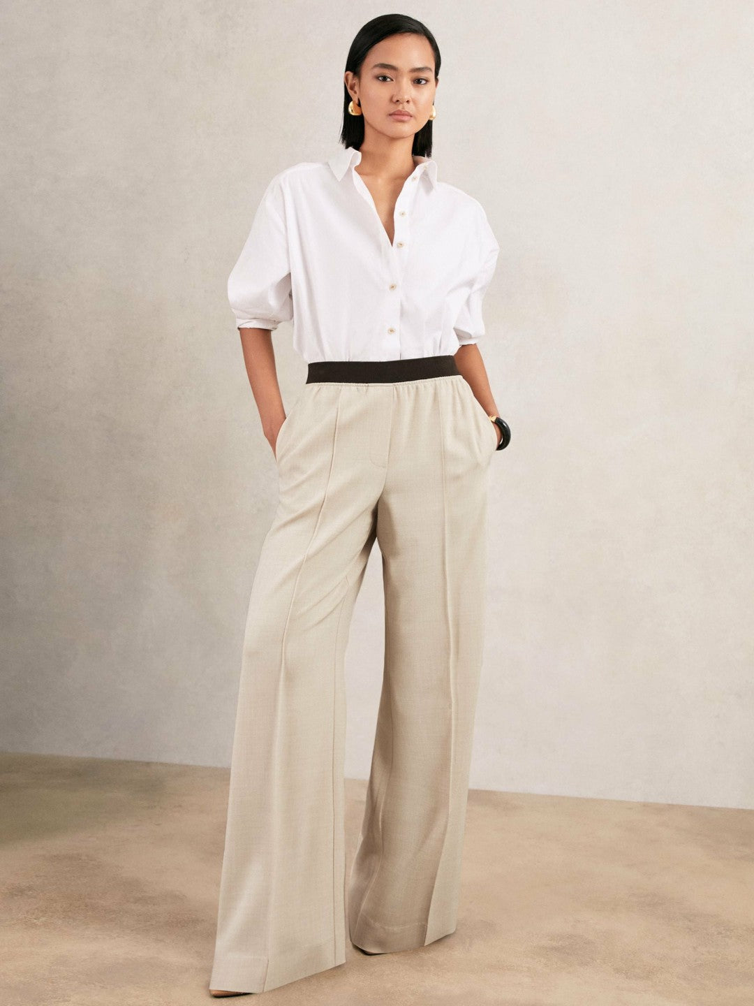 Petite Wide-Leg Elasticated-Waist Trousers in Neutral Women | Reiss