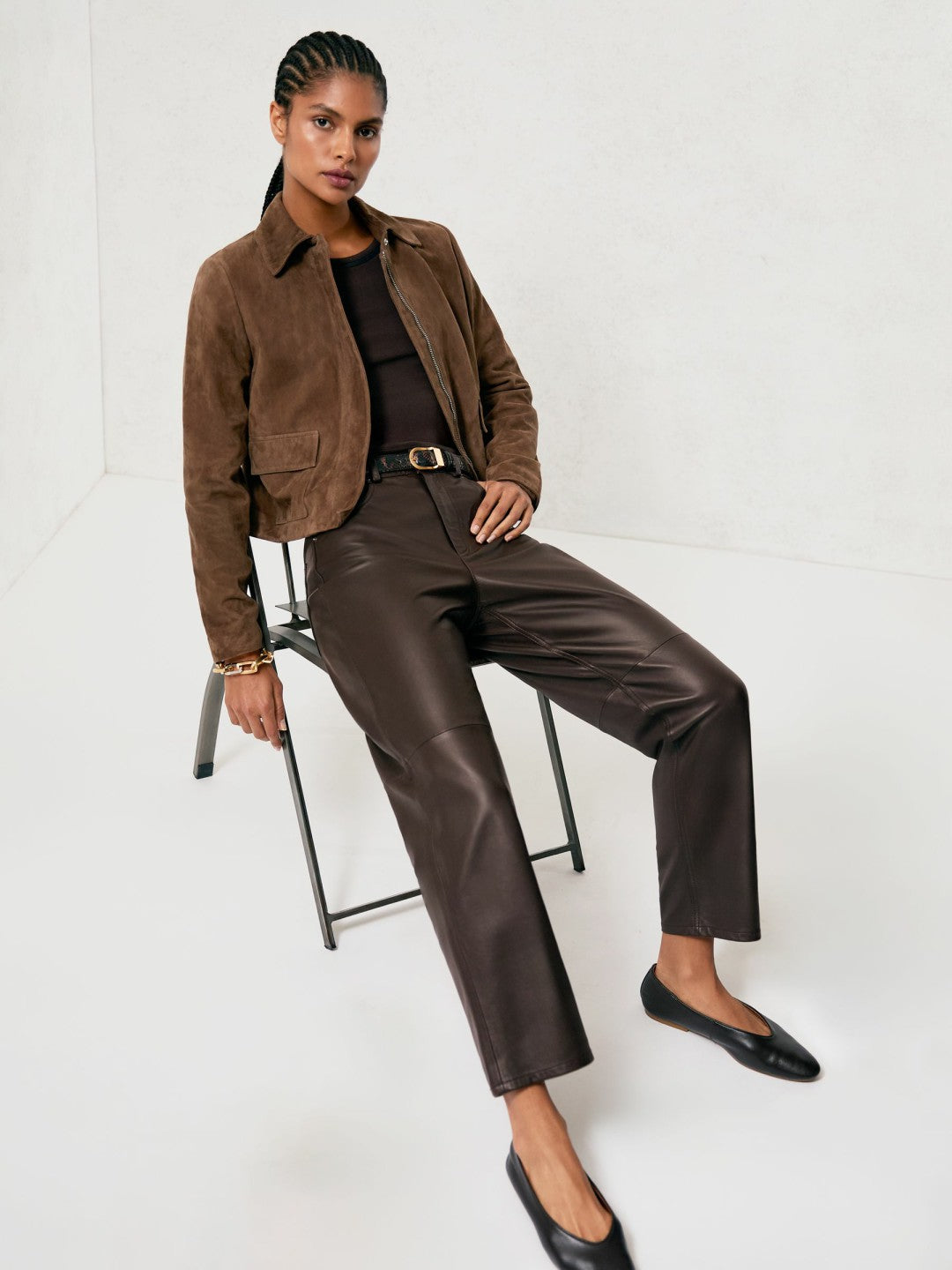 Petite Leather Slim-Leg Trousers in Chocolate Women | Reiss