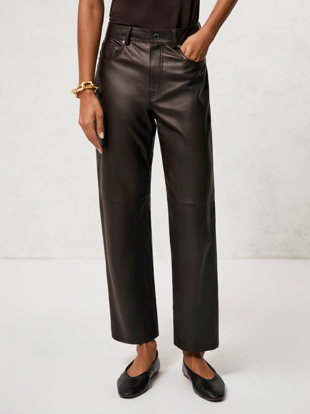 Petite Leather Slim-Leg Trousers in Chocolate Women | Reiss