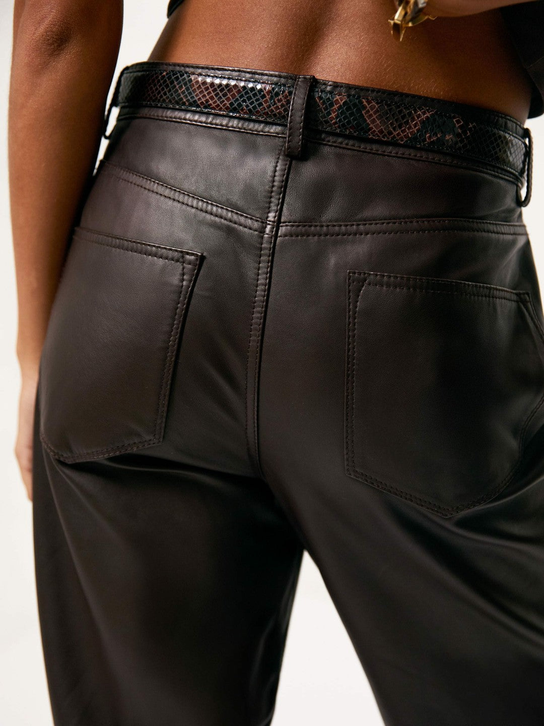 Petite Leather Slim-Leg Trousers in Chocolate Women | Reiss