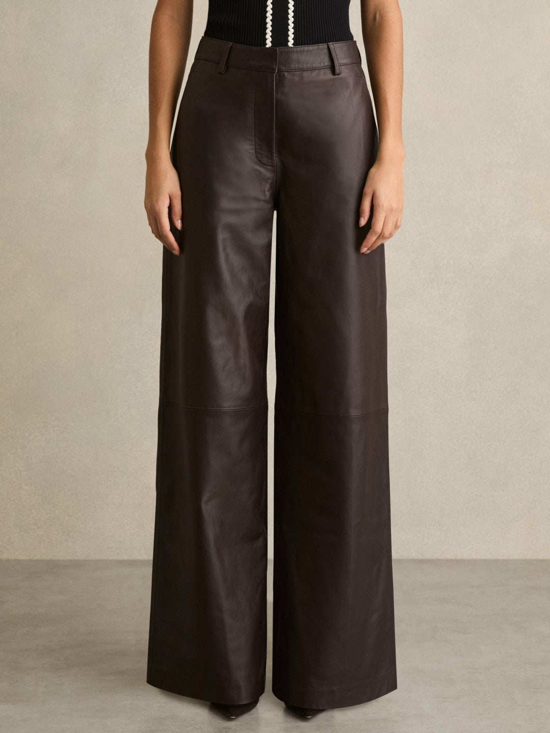 Leather Wide Leg Trousers in Chocolate Women | Reiss