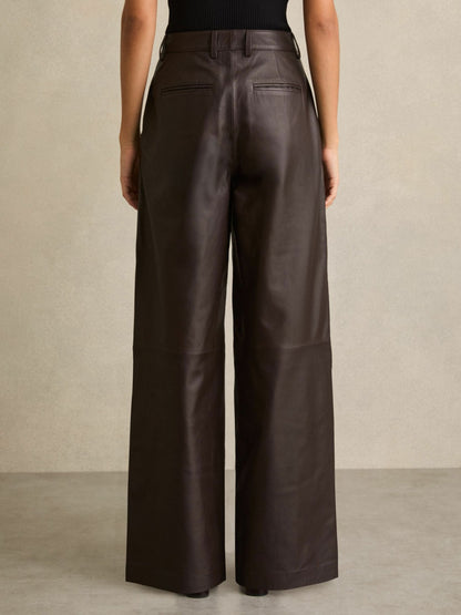 Leather Wide Leg Trousers in Chocolate Women | Reiss