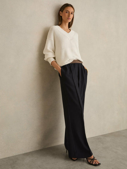 Wide-Leg Elasticated-Waist Trousers in Navy Women | Reiss