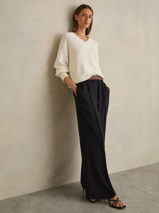 Wide-Leg Elasticated-Waist Trousers in Navy Women | Reiss