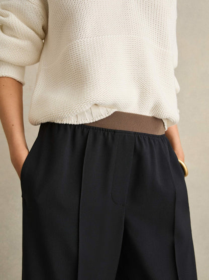 Wide-Leg Elasticated-Waist Trousers in Navy Women | Reiss