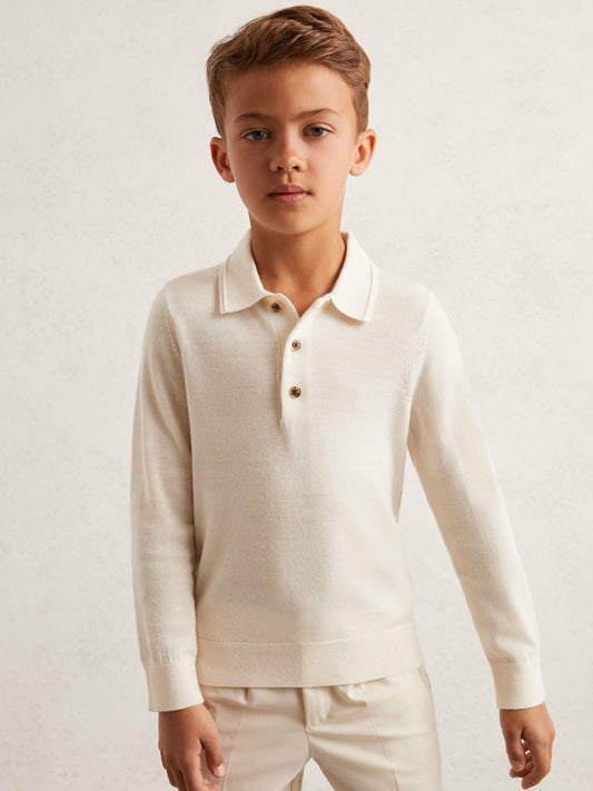 9-13 yrs Merino Wool Long-Sleeve Polo Shirt in Snow Children & Baby | Reiss