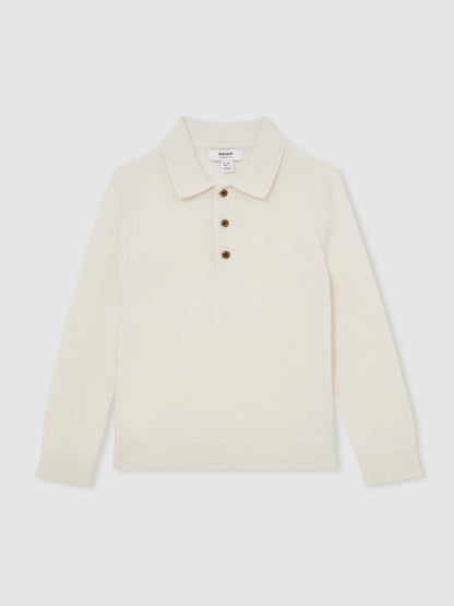 9-13 yrs Merino Wool Long-Sleeve Polo Shirt in Snow Children & Baby | Reiss