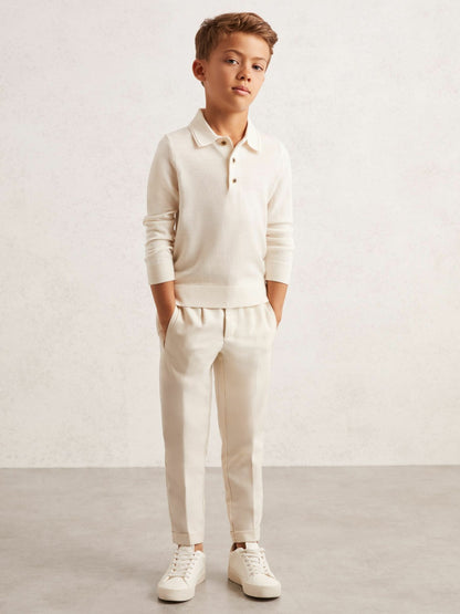 9-13 yrs Merino Wool Long-Sleeve Polo Shirt in Snow Children & Baby | Reiss