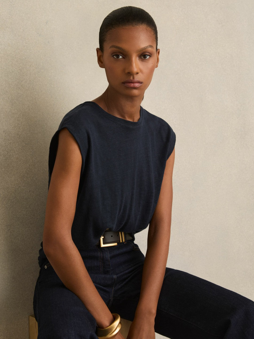 Linen Cap-Sleeve T-Shirt in Navy Women | Reiss