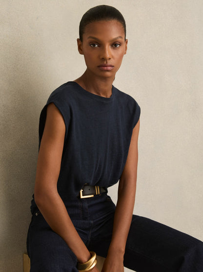 Linen Cap-Sleeve T-Shirt in Navy Women | Reiss