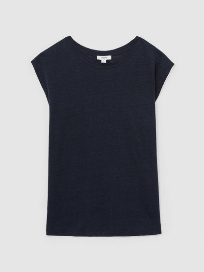 Linen Cap-Sleeve T-Shirt in Navy Women | Reiss