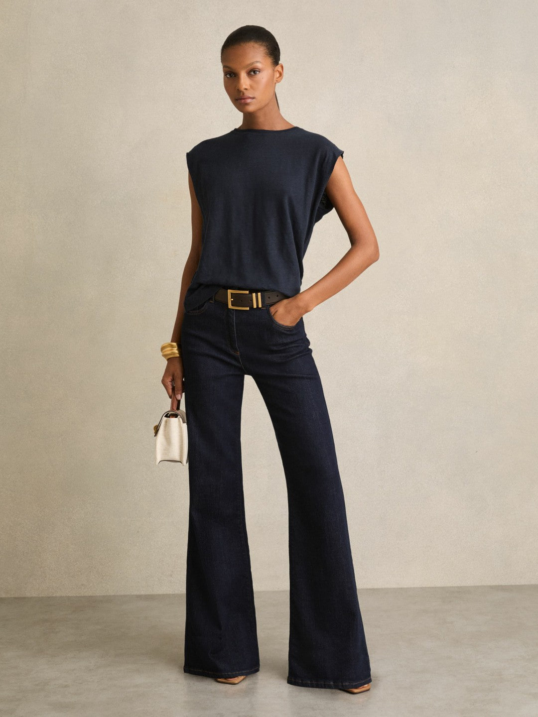 Linen Cap-Sleeve T-Shirt in Navy Women | Reiss