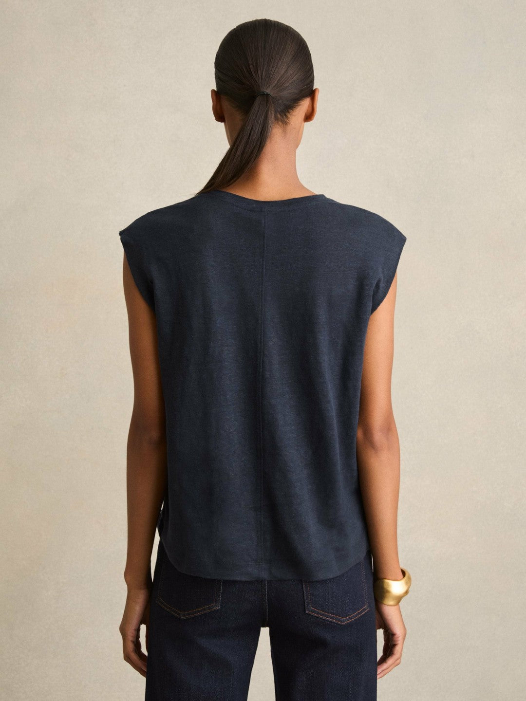 Linen Cap-Sleeve T-Shirt in Navy Women | Reiss