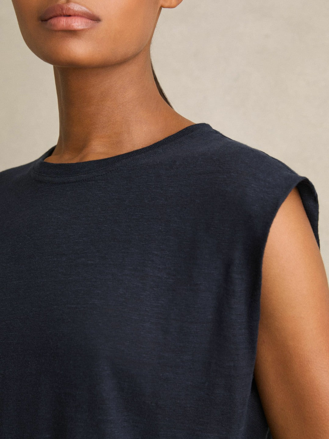 Linen Cap-Sleeve T-Shirt in Navy Women | Reiss