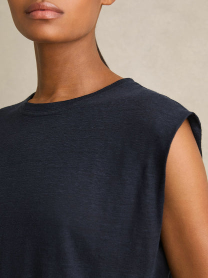 Linen Cap-Sleeve T-Shirt in Navy Women | Reiss