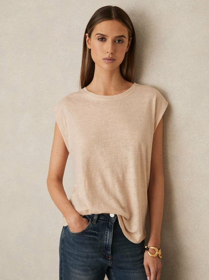 Linen Cap-Sleeve T-Shirt in Peach Women | Reiss