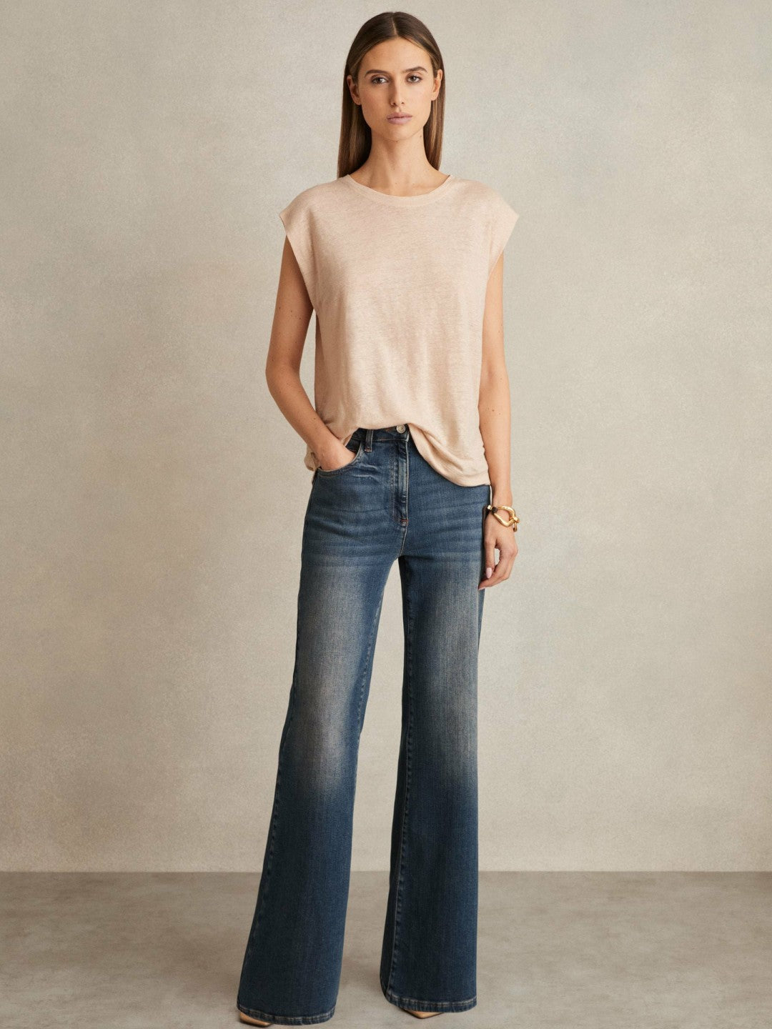 Linen Cap-Sleeve T-Shirt in Peach Women | Reiss