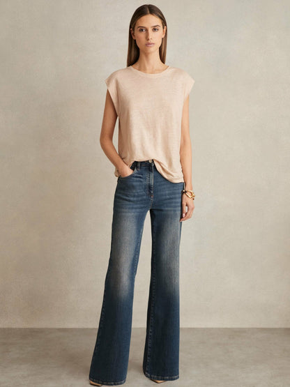 Linen Cap-Sleeve T-Shirt in Peach Women | Reiss