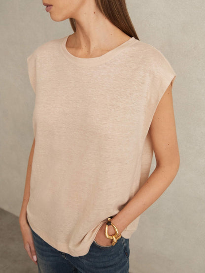 Linen Cap-Sleeve T-Shirt in Peach Women | Reiss