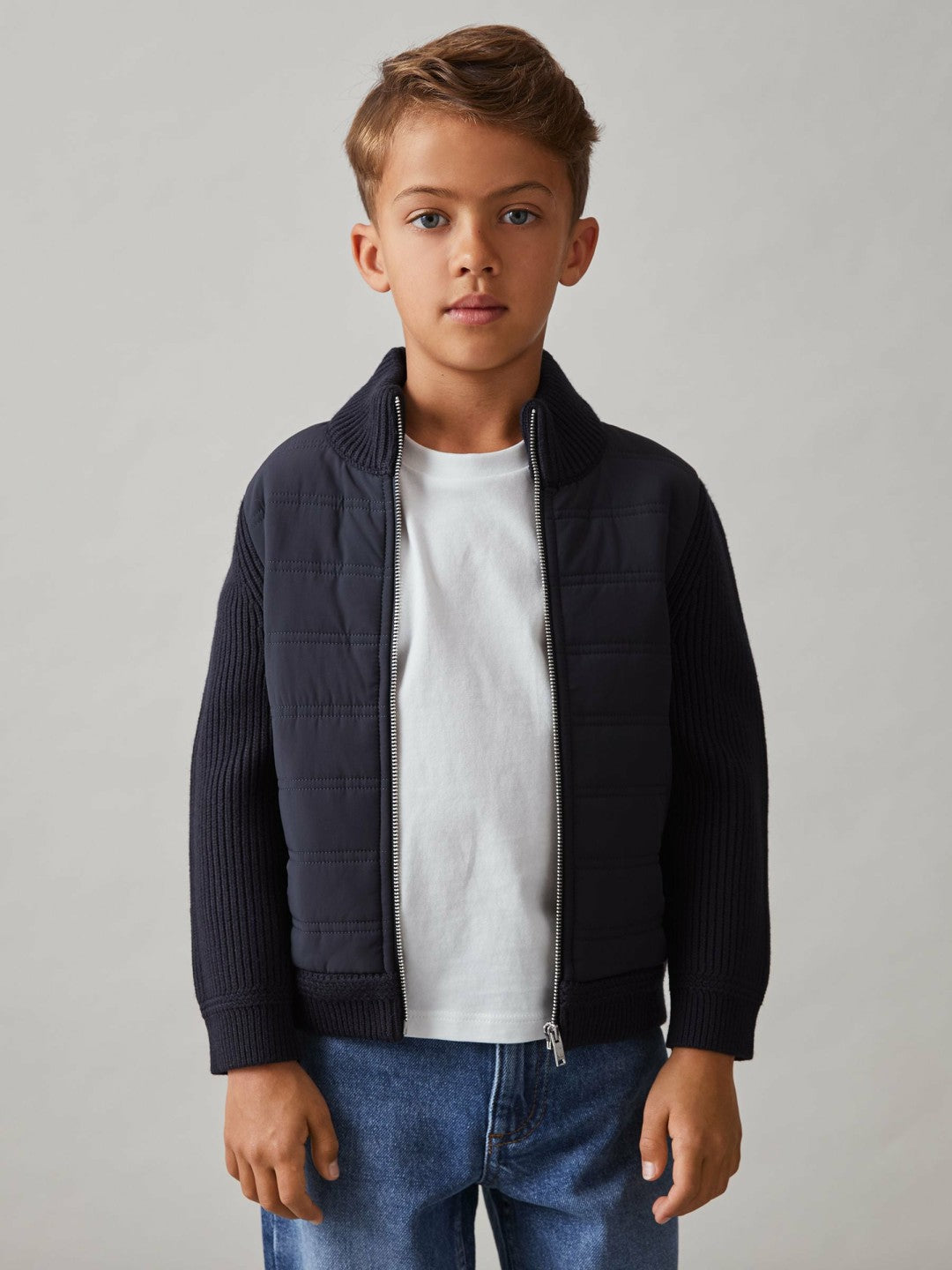 3-9 yrs Hybrid Quilt and Knit Zip Through Jacket in Navy Children & Baby | Reiss