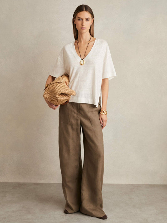 Linen V-Neck T-Shirt in White Women | Reiss