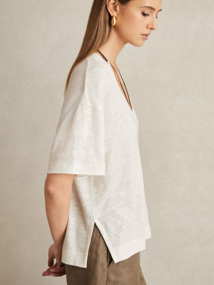 Linen V-Neck T-Shirt in White Women | Reiss