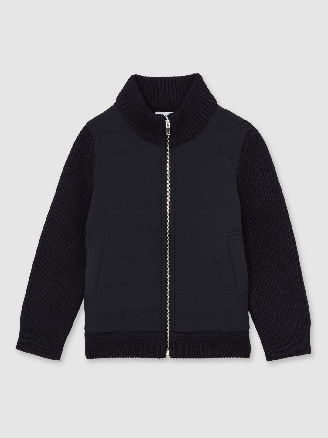 9-13 yrs Hybrid Quilt and Knit Zip Through Jacket in Navy Children & Baby | Reiss