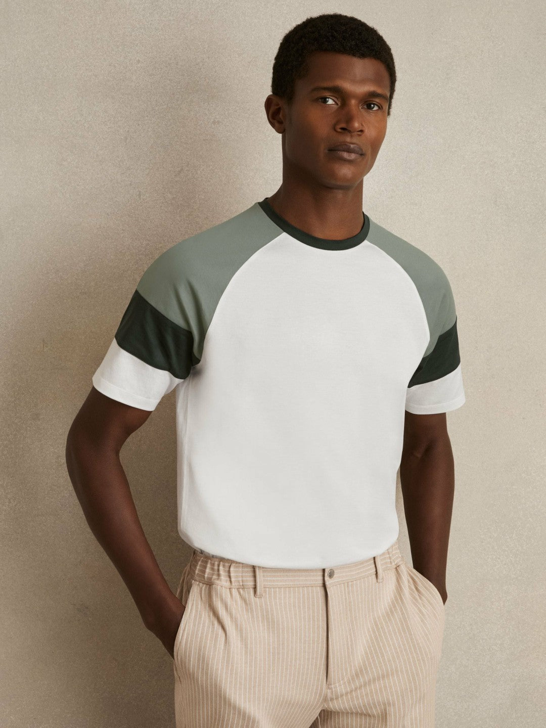 Mercerised-Cotton Colourblock T-Shirt in White/Sage Men | Reiss
