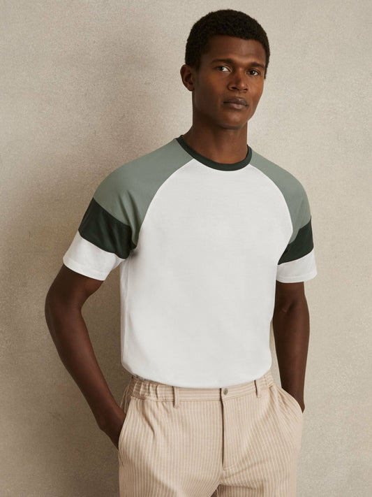 Mercerised-Cotton Colourblock T-Shirt in White/Sage Men | Reiss