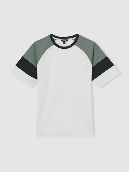 Mercerised-Cotton Colourblock T-Shirt in White/Sage Men | Reiss