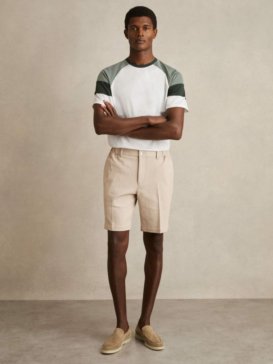 Mercerised-Cotton Colourblock T-Shirt in White/Sage Men | Reiss