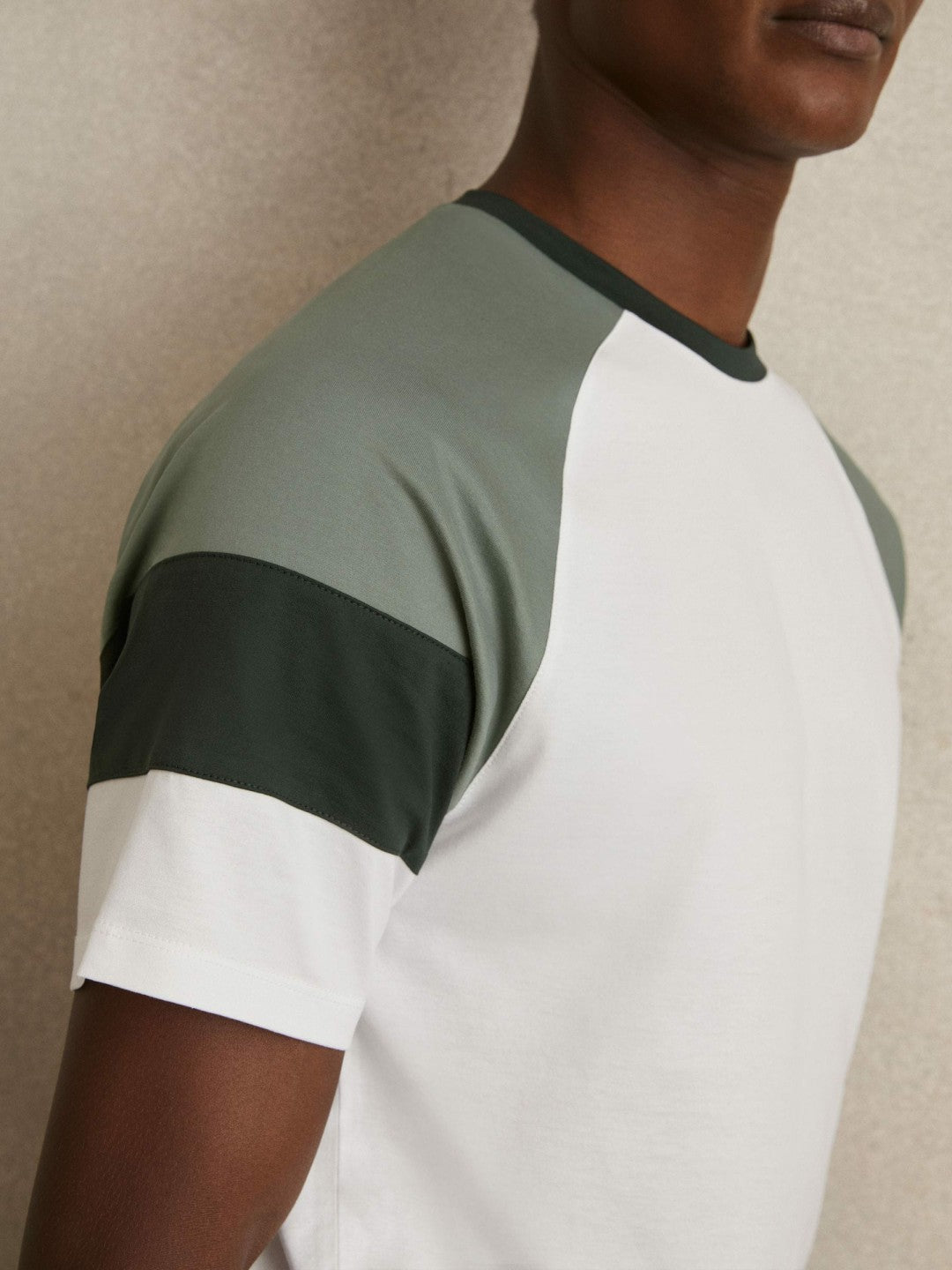 Mercerised-Cotton Colourblock T-Shirt in White/Sage Men | Reiss