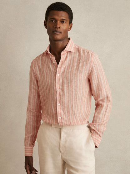 Linen Striped Long Sleeve Shirt in Pink Rose/White Bengal Stripe Men | Reiss