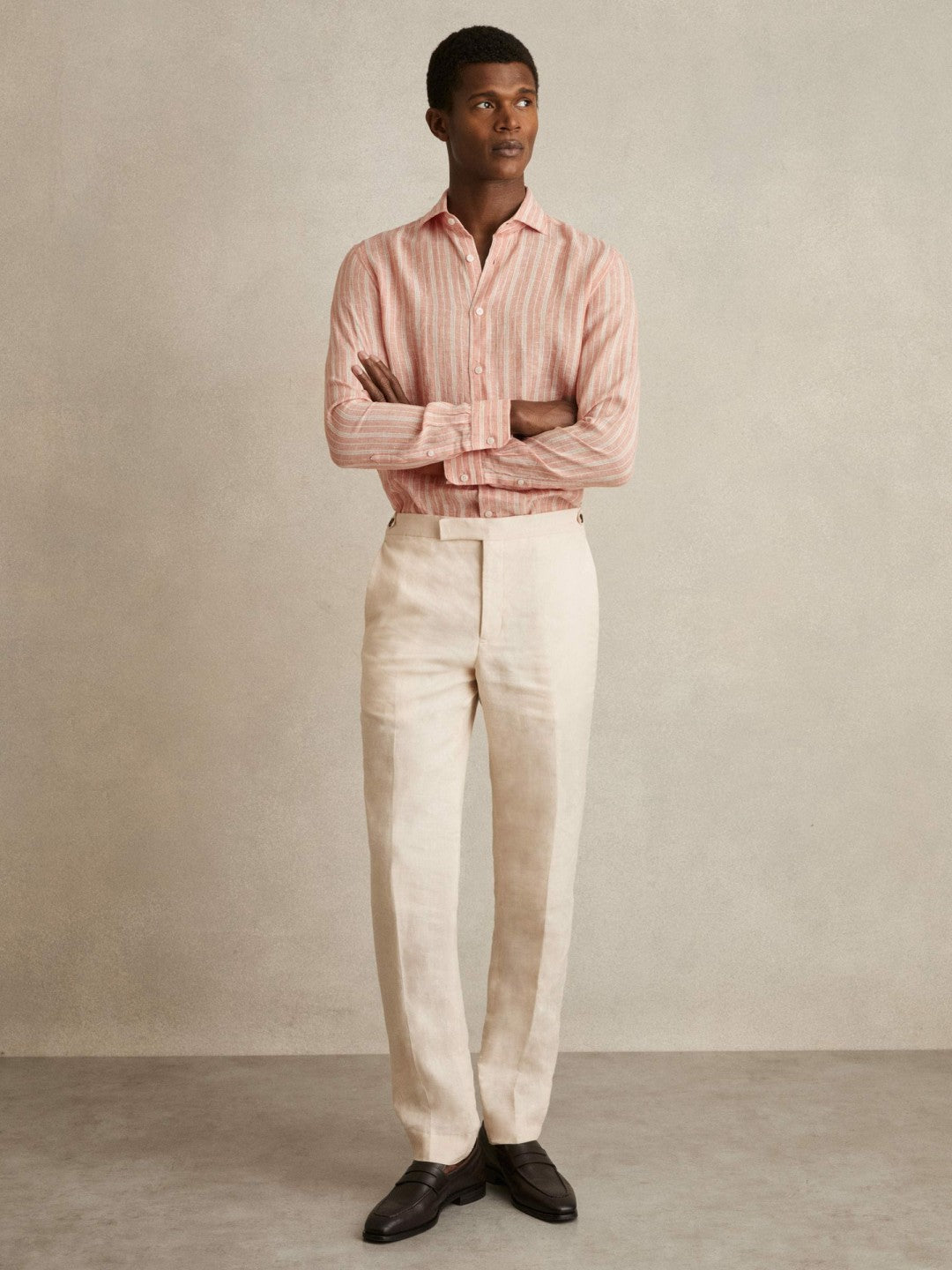 Linen Striped Long Sleeve Shirt in Pink Rose/White Bengal Stripe Men | Reiss