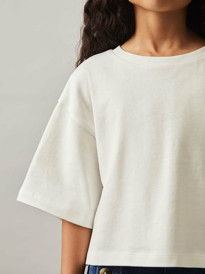 9-13 yrs Oversize Cotton Cropped T-Shirt in Ivory Children & Baby | Reiss