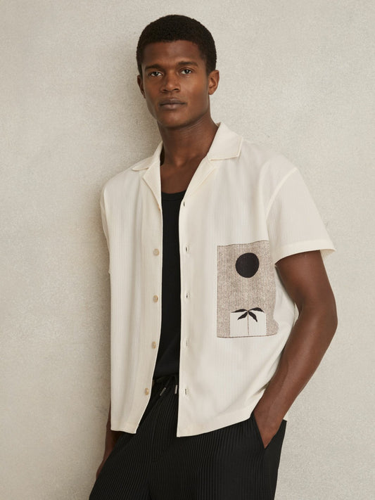 Graphic Print Cuban-Collar Shirt in White Men | Reiss