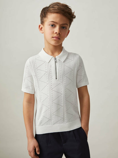 9-13 yrs Half-Zip Pointelle Polo Shirt in Off White Children & Baby | Reiss