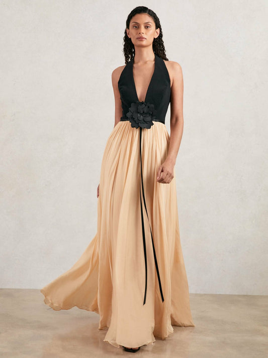Halston Crepe and Chiffon Maxi Dress in Black/Ivory Women | Reiss