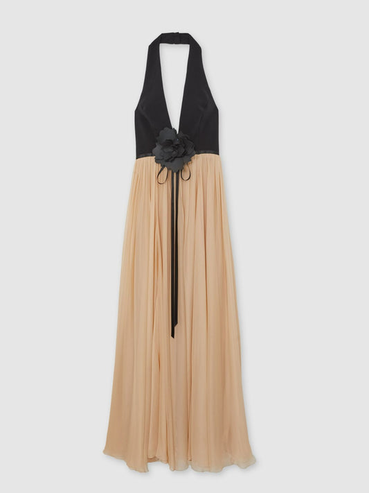 Halston Crepe and Chiffon Maxi Dress in Black/Ivory Women | Reiss