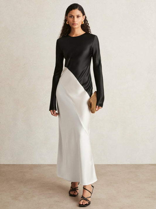 Acler Satin Colour Block Midi Dress in Ivory/Black Women | Reiss