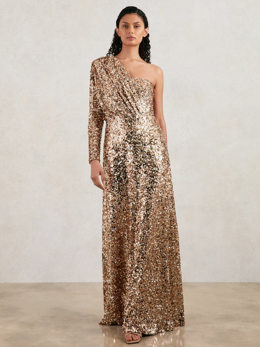 Halston Sequin One Shoulder Maxi Dress in Gold Women | Reiss