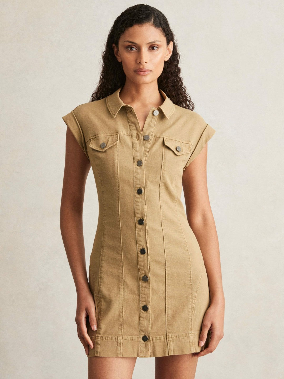 Paige Fern Beige Denim Button Through Mini Dress in Fern Beige Women | Reiss