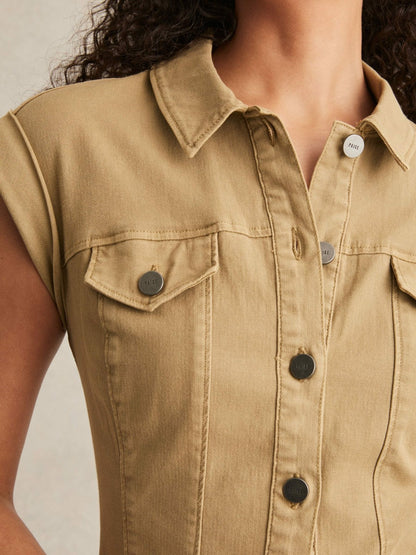 Paige Fern Beige Denim Button Through Mini Dress in Fern Beige Women | Reiss