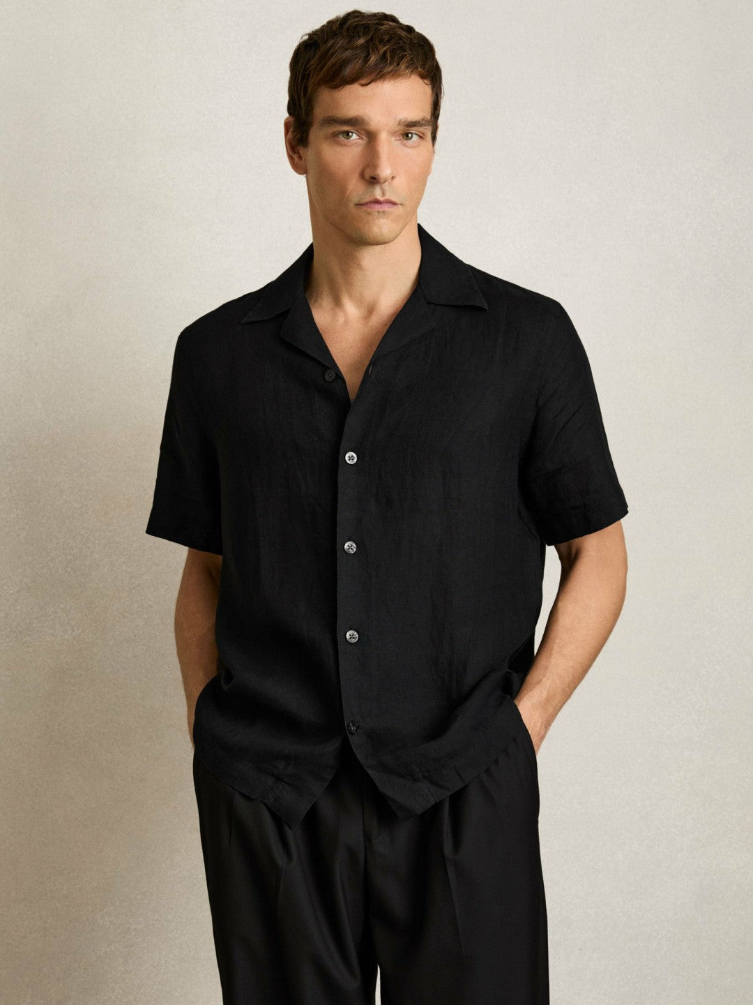 Linen Cuban-Collar Shirt in Black Men | Reiss