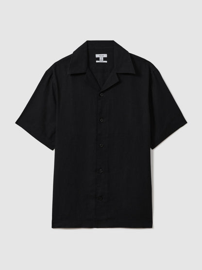 Linen Cuban-Collar Shirt in Black Men | Reiss