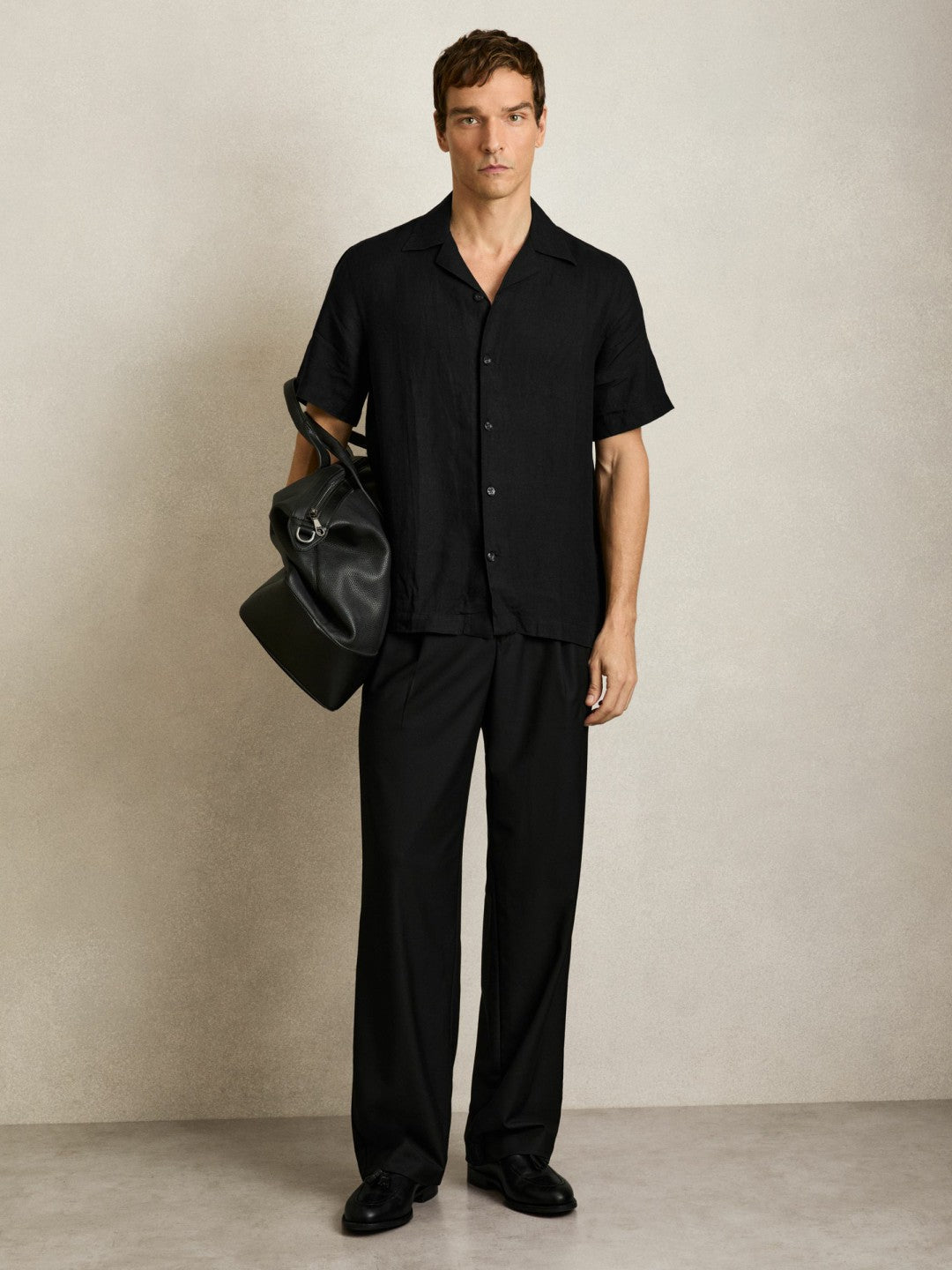 Linen Cuban-Collar Shirt in Black Men | Reiss