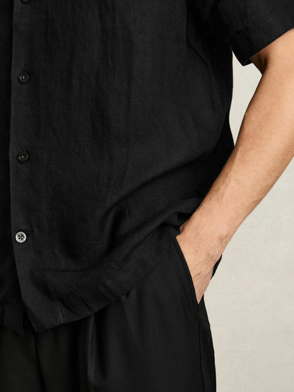 Linen Cuban-Collar Shirt in Black Men | Reiss