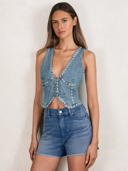 Studded Denim Vest in Indigo Blue Women | Reiss