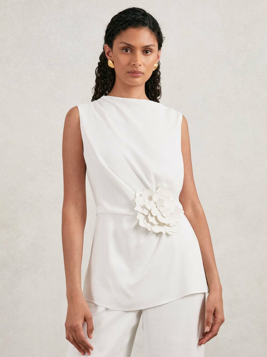 Halston Crepe Wide Leg Jumpsuit in Ivory Women | Reiss