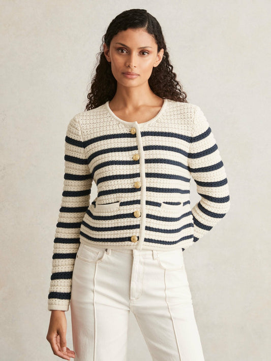 Paige Ivory Textured Knit Stripe Cardigan in Ivory Women | Reiss